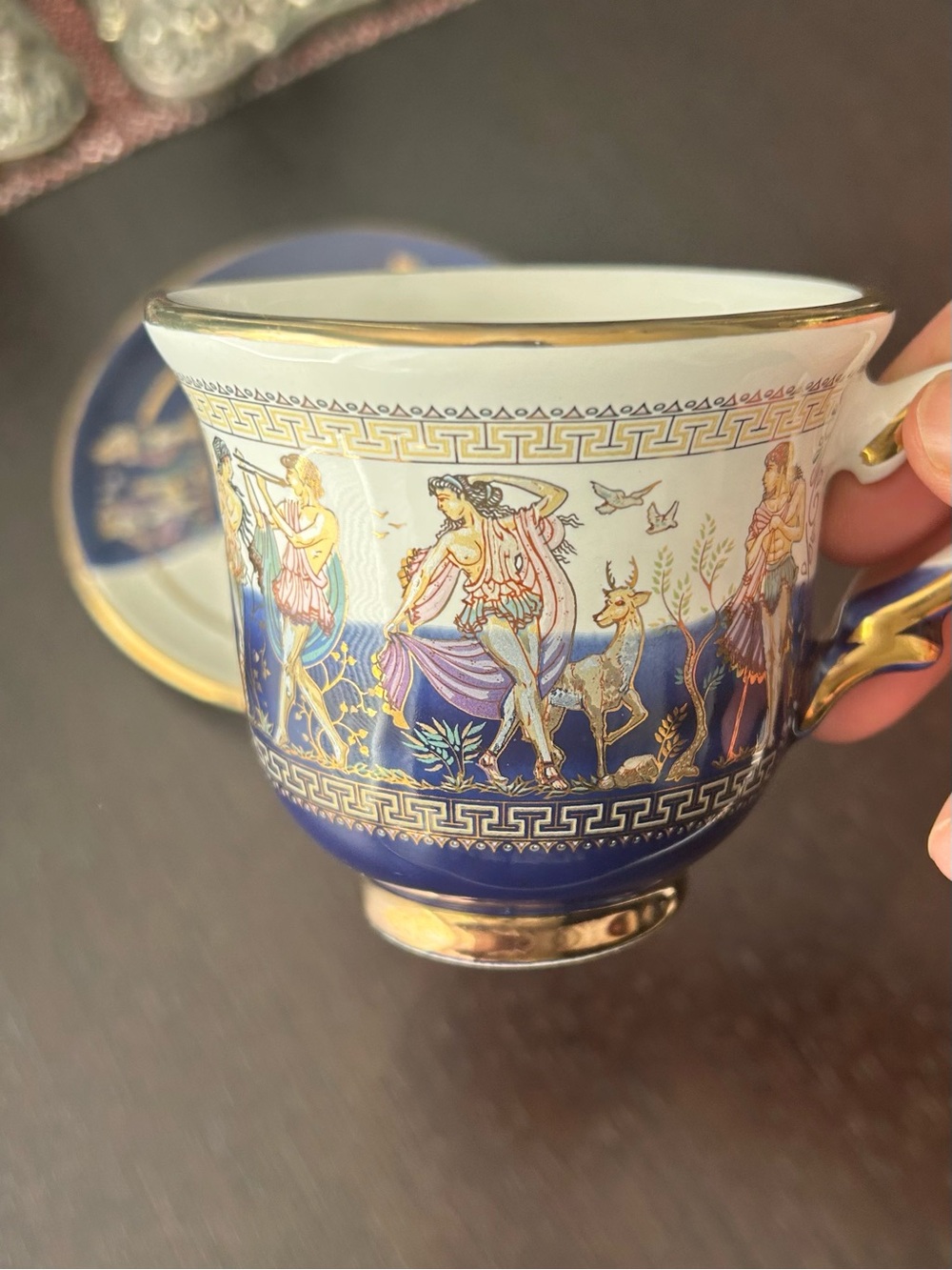 Vintage Gold-Trimmed Cobalt Blue Greek  Scene Tea Cup & Saucer - Picture 6 of 10